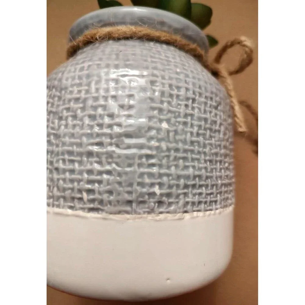 Rustic Ceramic Succulent Vase Jute Bow Textured Gray & White Planter Home Decor